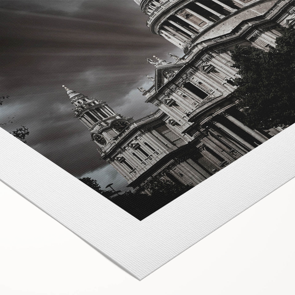 Art deco poster of a cathedral, in muted gray and gold tones on rolled canvas, suitable for dining room wall art.