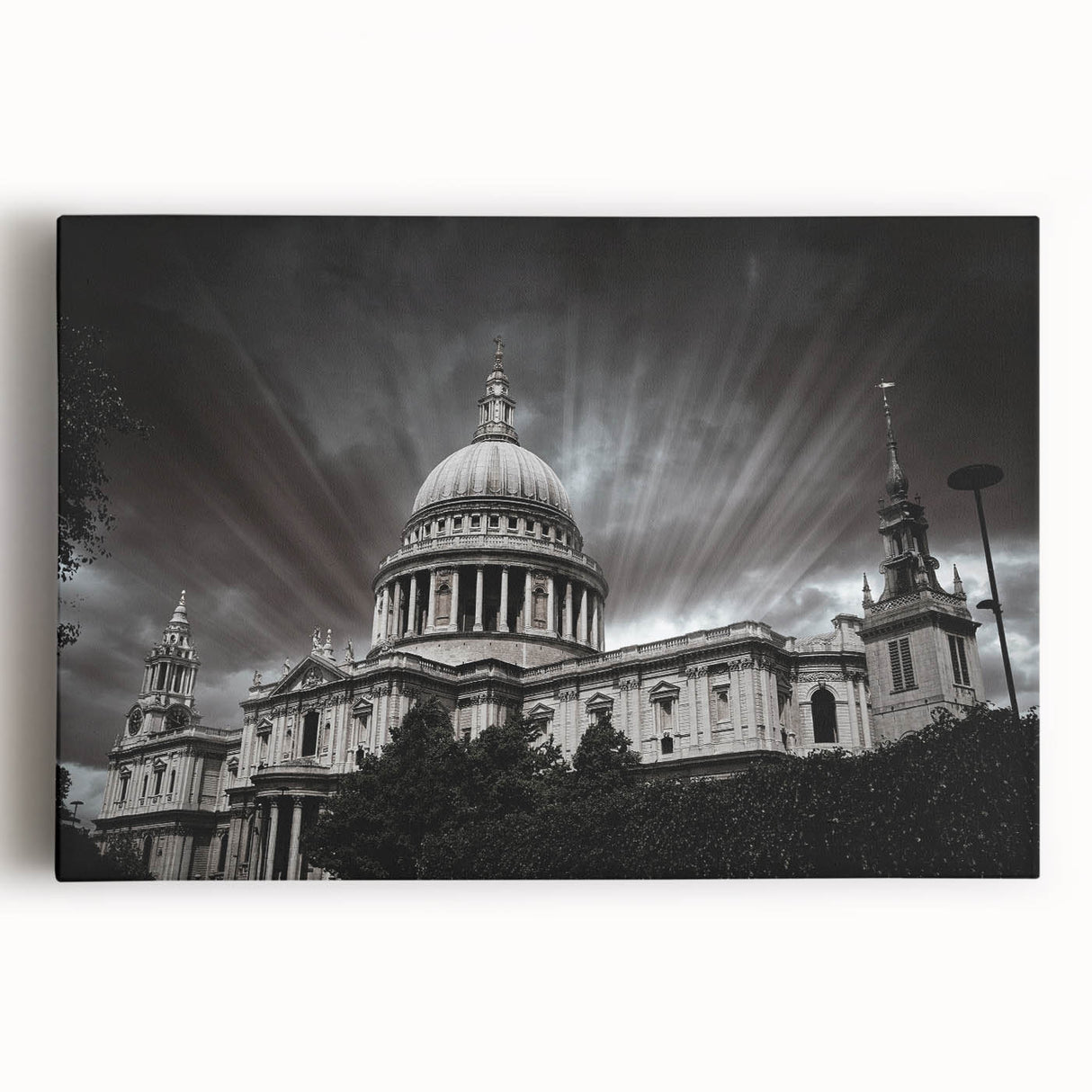 Black and white stretched canvas featuring a large cathedral design, suitable for kitchen wall art.