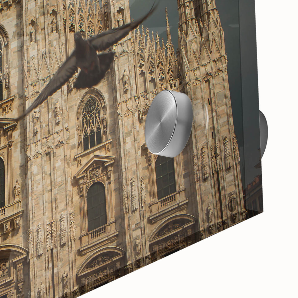 Large abstract wall art featuring a mid-century modernist cathedral design in muted tones on acrylic glass.