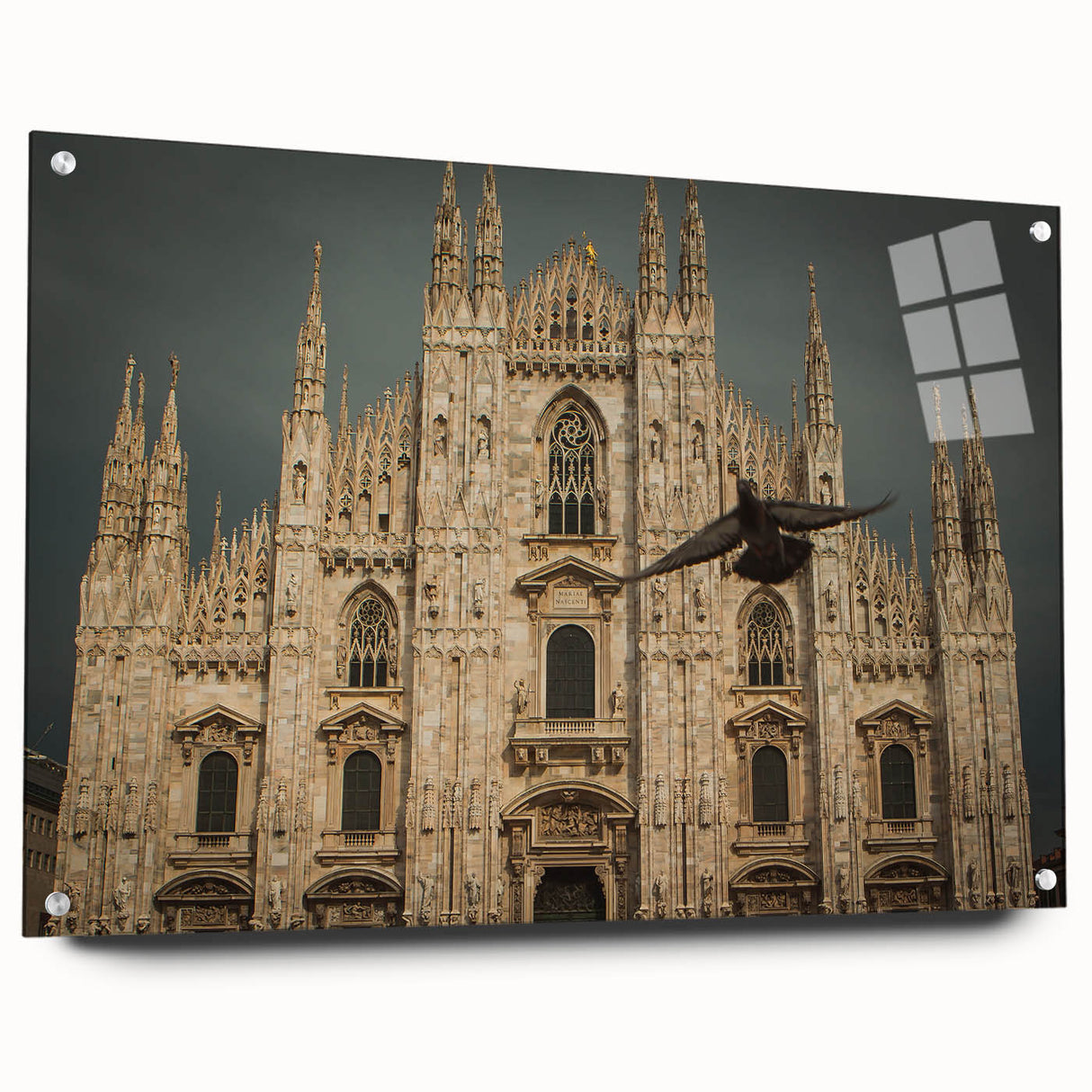 Large abstract wall art of a cathedral in muted gray and blue tones on acrylic glass.