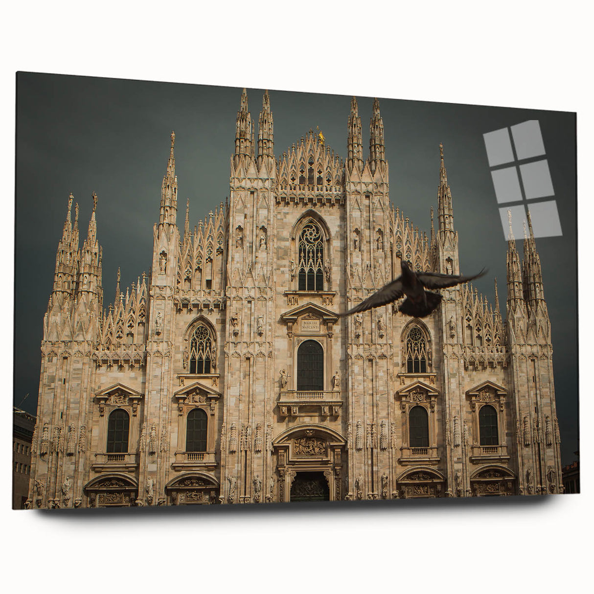 Large abstract wall art of a cathedral design in muted gray tones on acrylic glass, ideal for bedroom or dining room decor.
