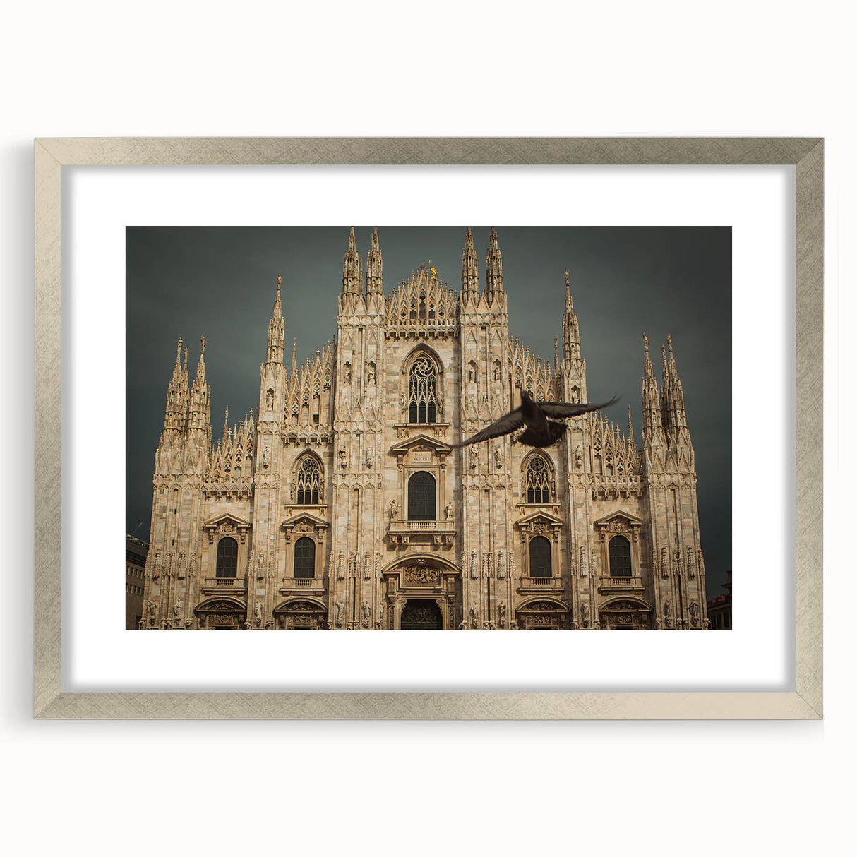 Abstract art print of a cathedral, featuring muted gray and silver tones on a framed poster, suitable for dining room decor.