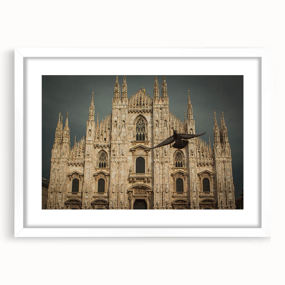 Extra large abstract art print of a cathedral, in muted gray and blue tones on a white framed canvas.
