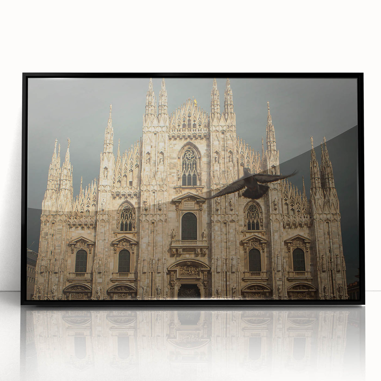 Large abstract wall art featuring a cathedral design in black and white tones on a framed acrylic.
