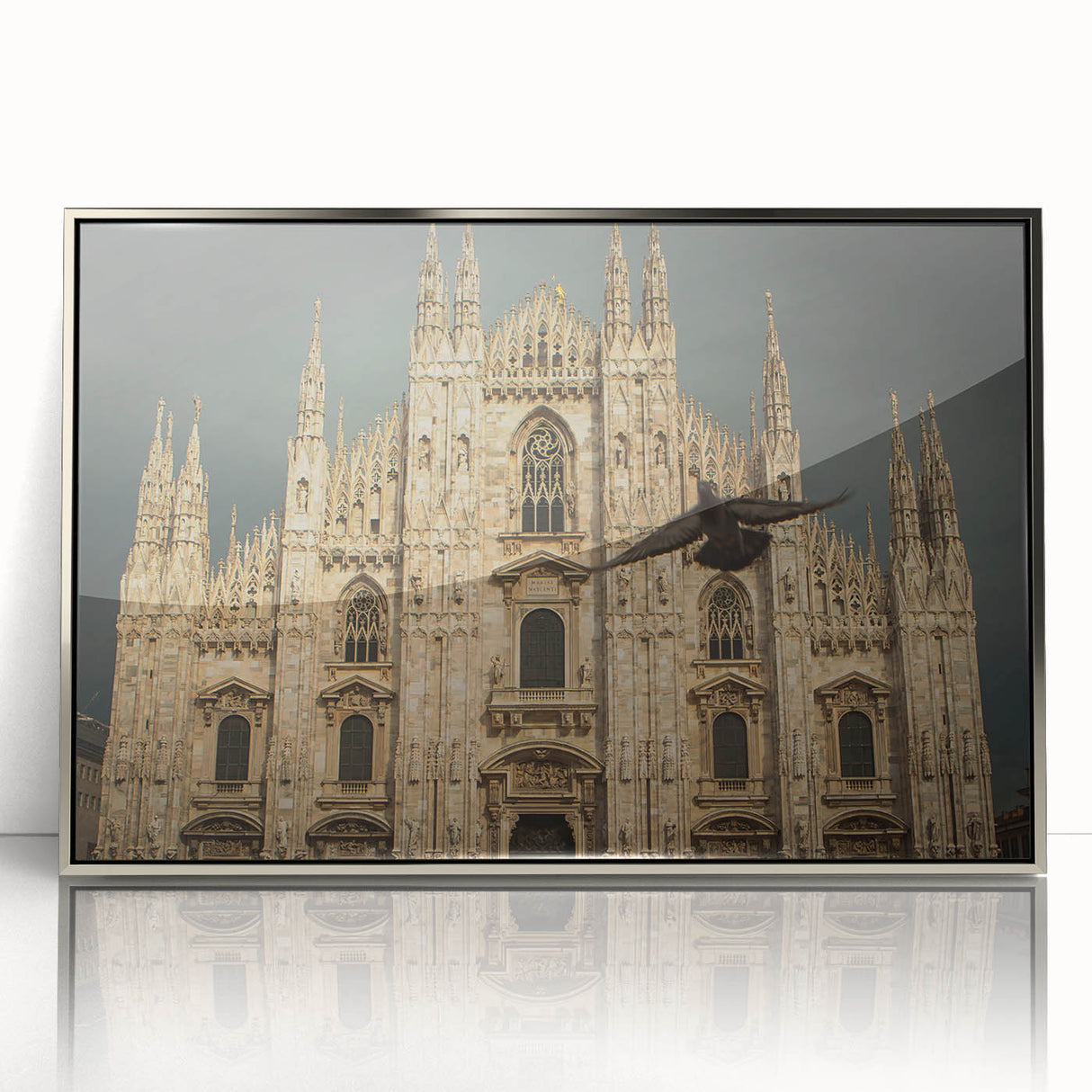 Art deco poster of a cathedral in muted silver and gray tones on framed acrylic, suitable for modern nursery wall decor.