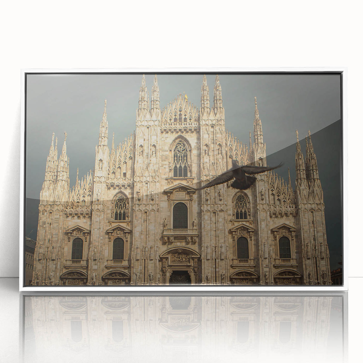 Framed acrylic print of a mid-century modernist cathedral design in muted gray and white tones.