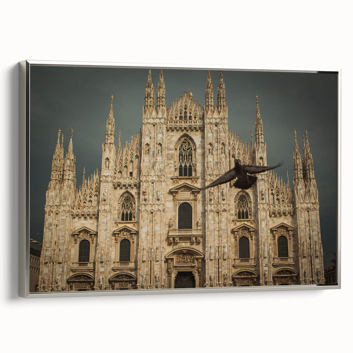 Vintage poster art of a cathedral in colorful hues on a large framed canvas, suitable for living room decor.