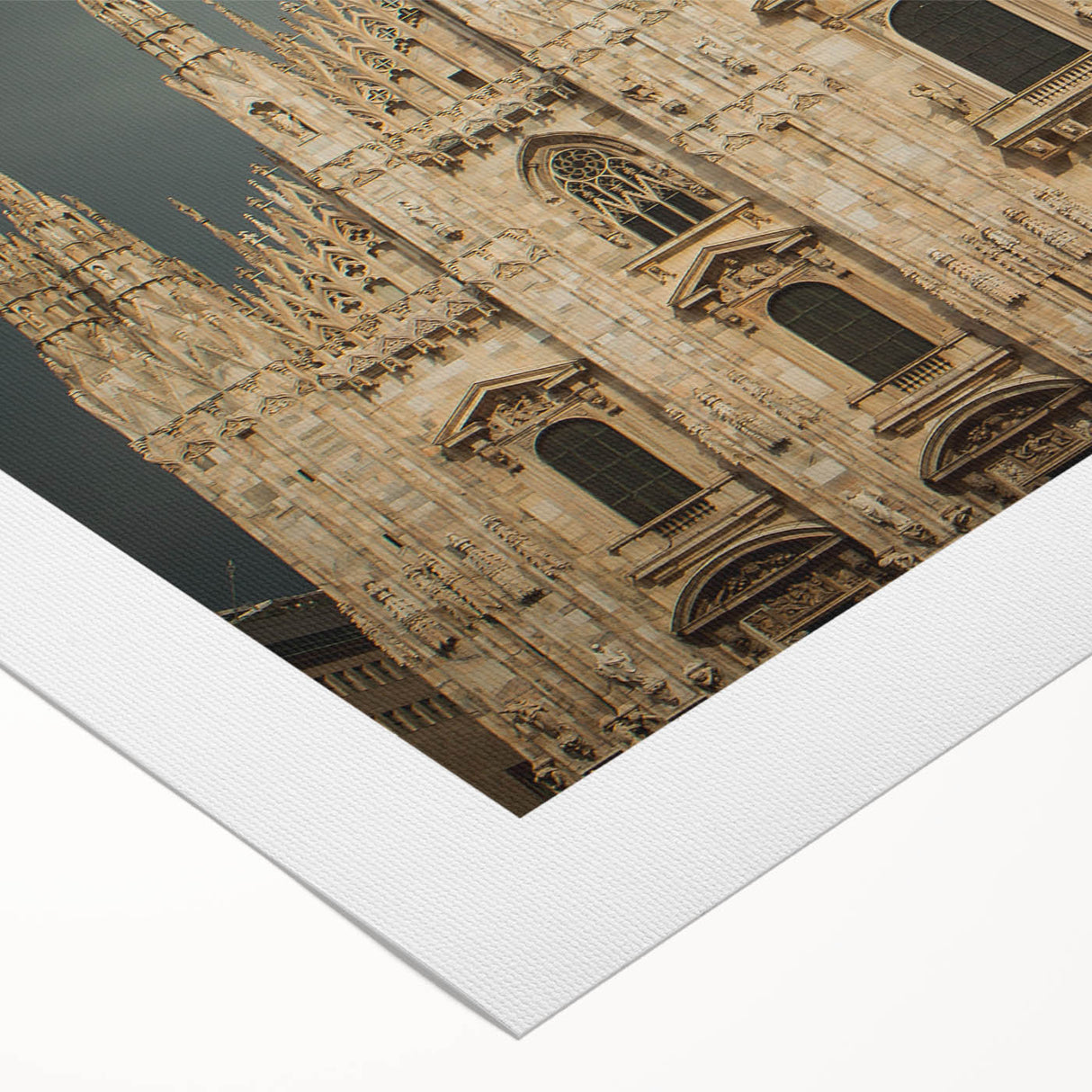 Art Deco poster of a cathedral design in muted gold and navy tones on a rolled canvas, suitable for dining room decor.