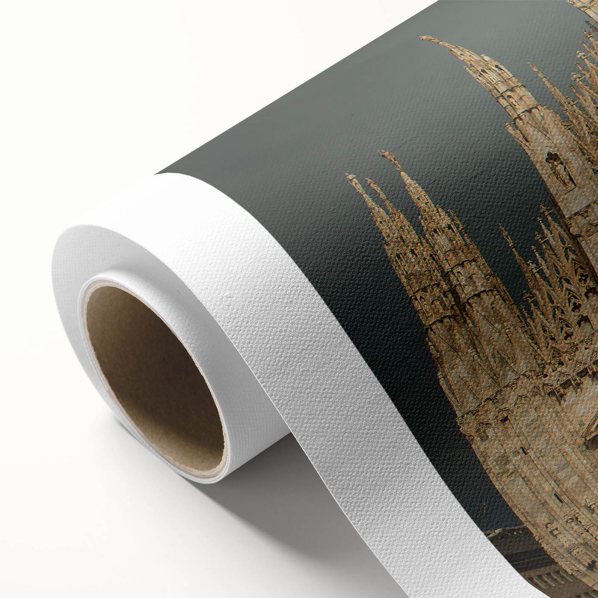 Art deco poster of a cathedral on rolled canvas, featuring muted pastel tones.