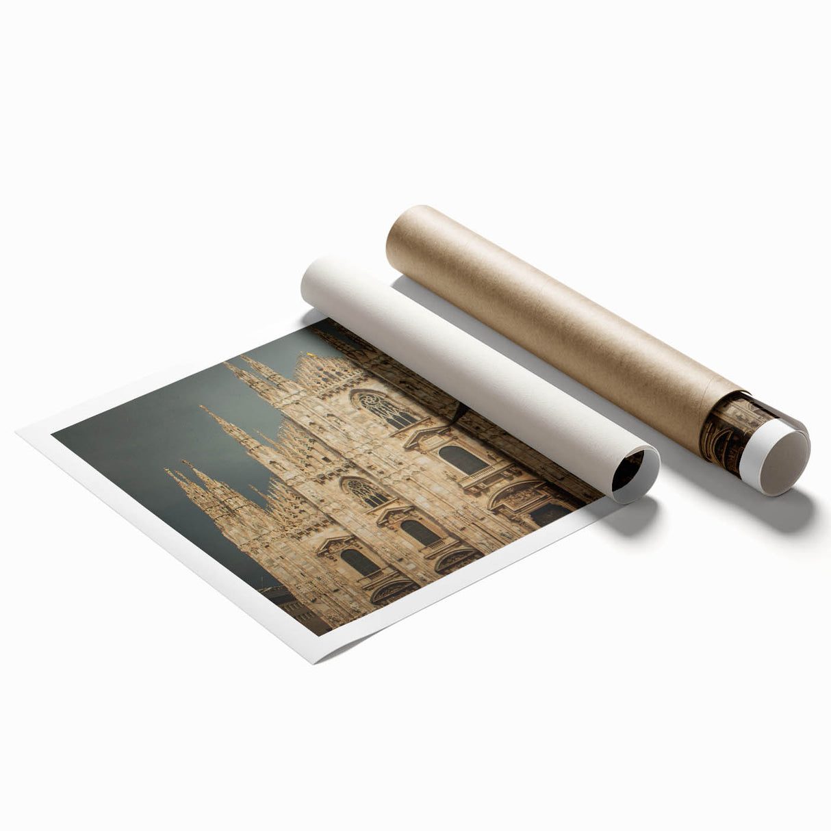 Extra large rolled print of a cathedral design with floral elements in soft pastel shades.