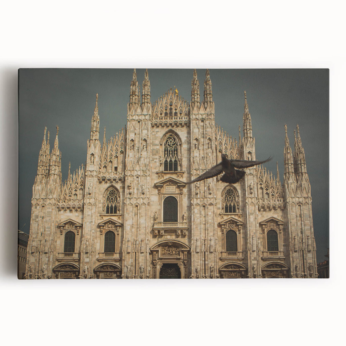 Black and white stretched canvas featuring a large cathedral design, ideal for kitchen wall art.