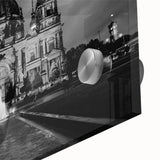 Large abstract wall art featuring a mid-century modernist cathedral design in muted tones on acrylic glass.