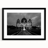Extra large abstract art print of a colorful, textured cathedral, ideal for living room decor, framed with a black mat.