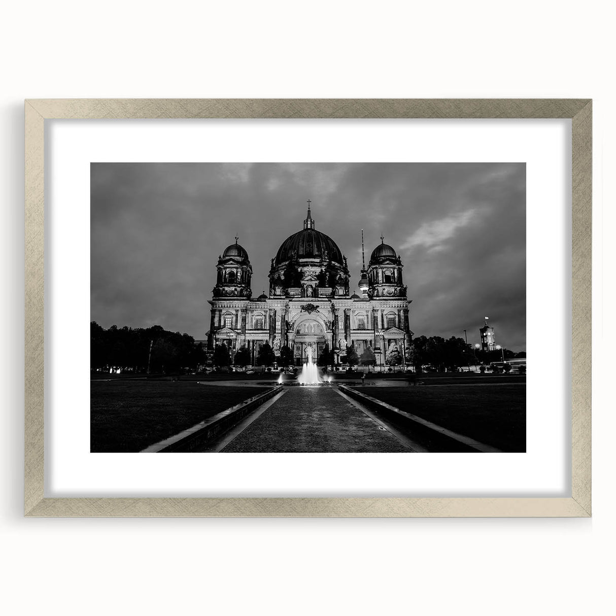 Abstract art print of a cathedral design in muted gray and silver tones on a framed canvas, suitable for dining room decor.