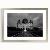 Abstract art print of a cathedral design in muted gray and silver tones on a framed canvas, suitable for dining room decor.