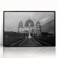 Large abstract wall art depicting a cathedral in mid-century modernist style, framed in black acrylic.