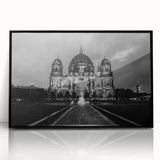 Large abstract wall art depicting a cathedral in mid-century modernist style, framed in black acrylic.