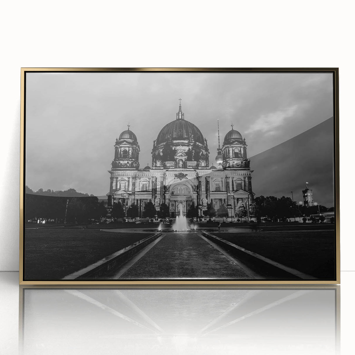 Mid-century modernist cathedral artwork in gold and black shades, acrylic print, ideal for nursery wall decor.
