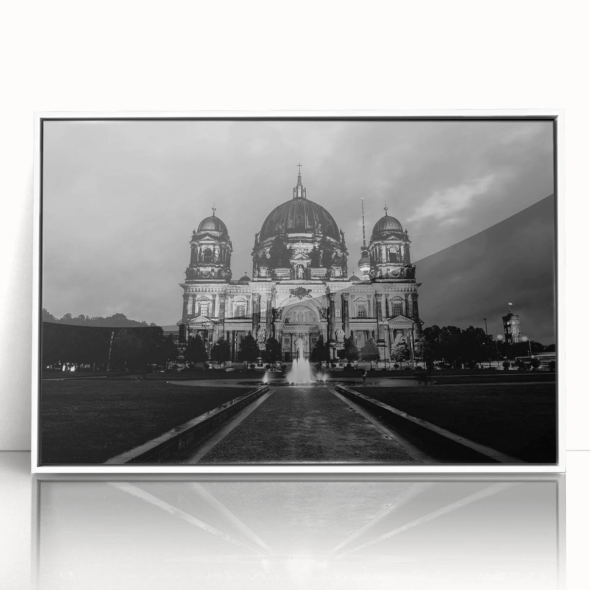 Mid-century modernist cathedral design on a large framed acrylic print, in muted earth tones, ideal for nursery wall art.