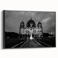 Black and white framed canvas of a cathedral design in vintage poster style, suitable for bedroom decor.