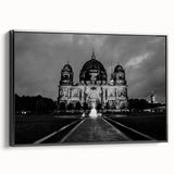 Black and white framed canvas of a cathedral design in vintage poster style, suitable for bedroom decor.