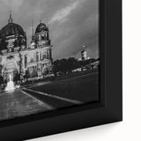 Extra large framed canvas featuring a textured black cathedral design with colorful accents, ideal for living room decor.