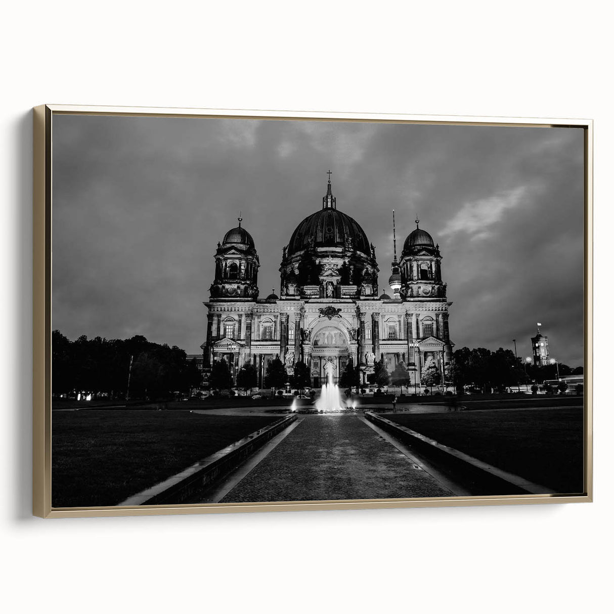 Framed canvas depicting a vintage cathedral landscape in black with colorful accents, ideal for living room decor.