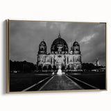 Framed canvas depicting a vintage cathedral landscape in black with colorful accents, ideal for living room decor.