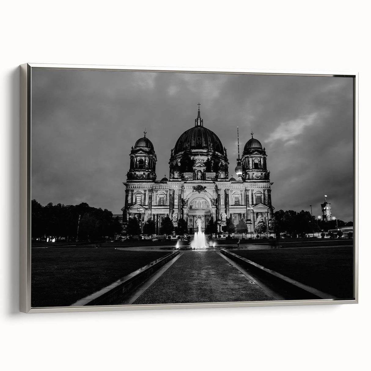 Vintage poster art of a cathedral in muted black and colorful accents on a large framed canvas, ideal for living room decor.