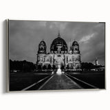 Vintage poster art of a cathedral in muted black and colorful accents on a large framed canvas, ideal for living room decor.