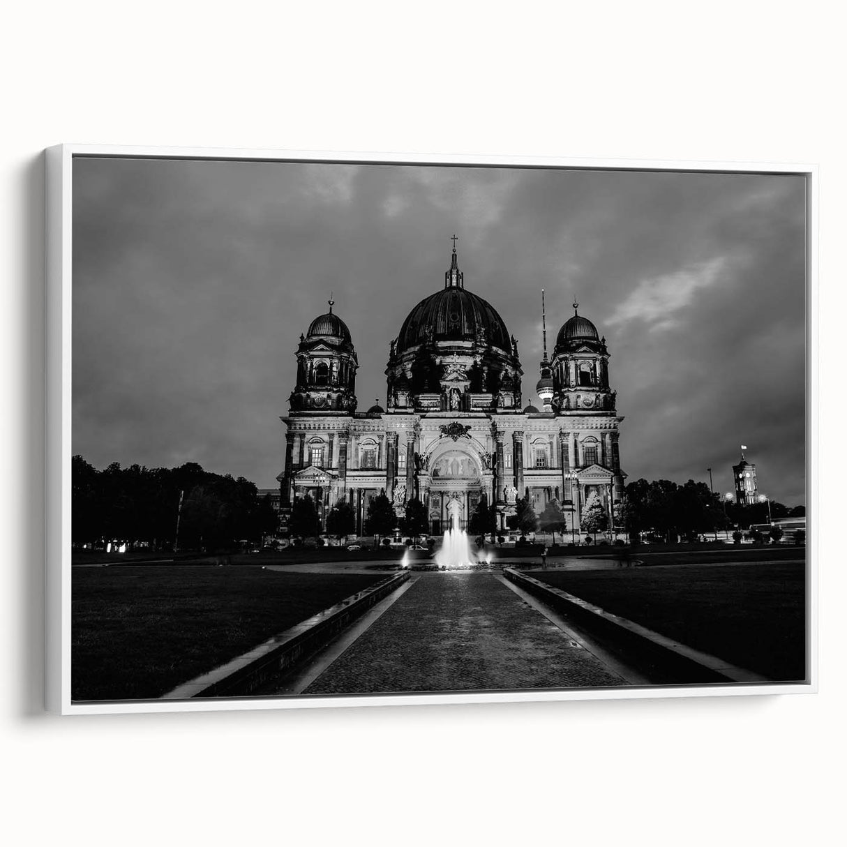 Framed canvas featuring a vintage poster of a cathedral landscape in black and white tones, ideal for bedroom wall art.
