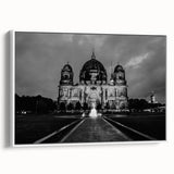 Framed canvas featuring a vintage poster of a cathedral landscape in black and white tones, ideal for bedroom wall art.
