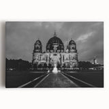 Black and white large art print of a cathedral on stretched canvas, ideal for kitchen wall art.