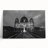 Black and white large cathedral design on stretched canvas, ideal for kitchen wall art or bedroom ambiance.