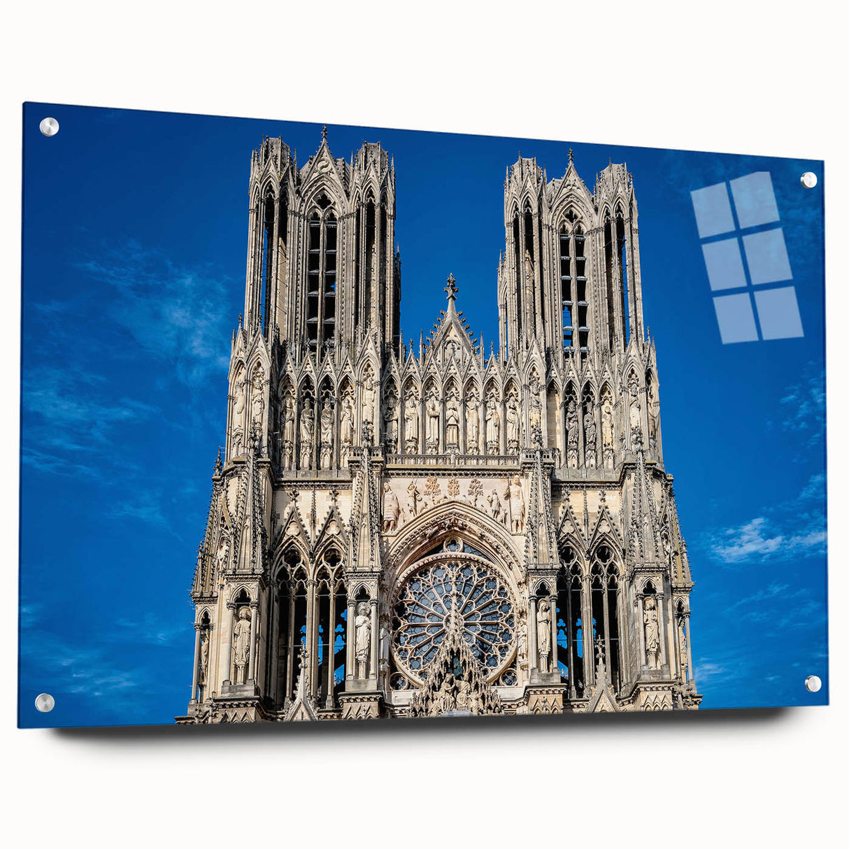 Acrylic print of a large abstract cathedral design in muted gray and blue tones, suitable for bedroom or dining room decor.