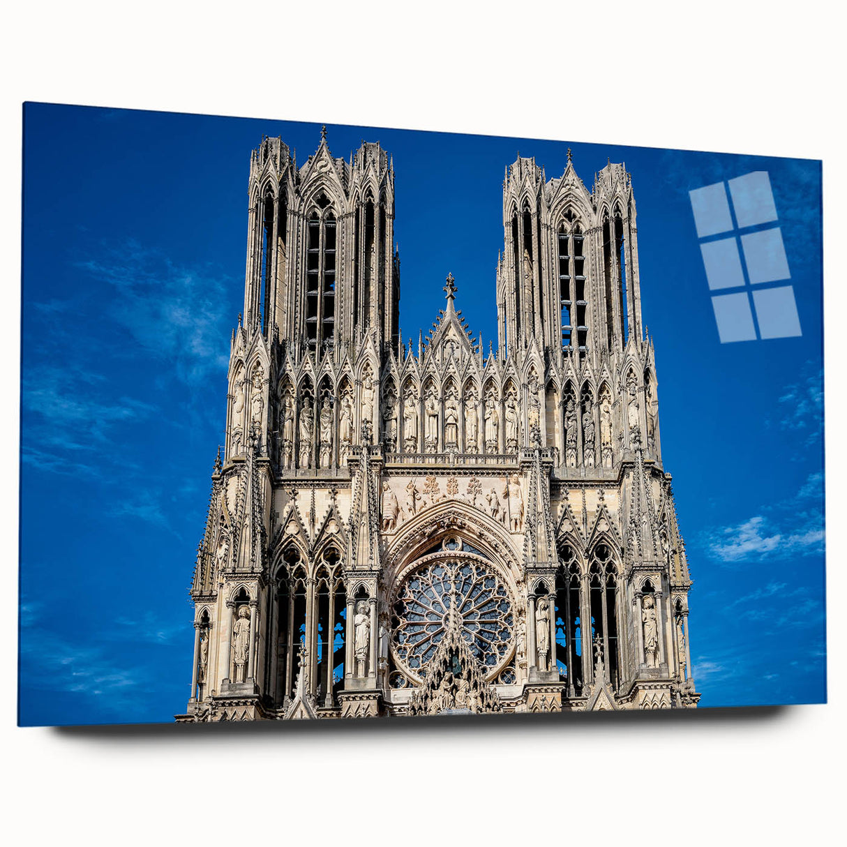 Large abstract wall art of a cathedral, in muted gray tones on acrylic glass, ideal for bedroom or dining room decor.
