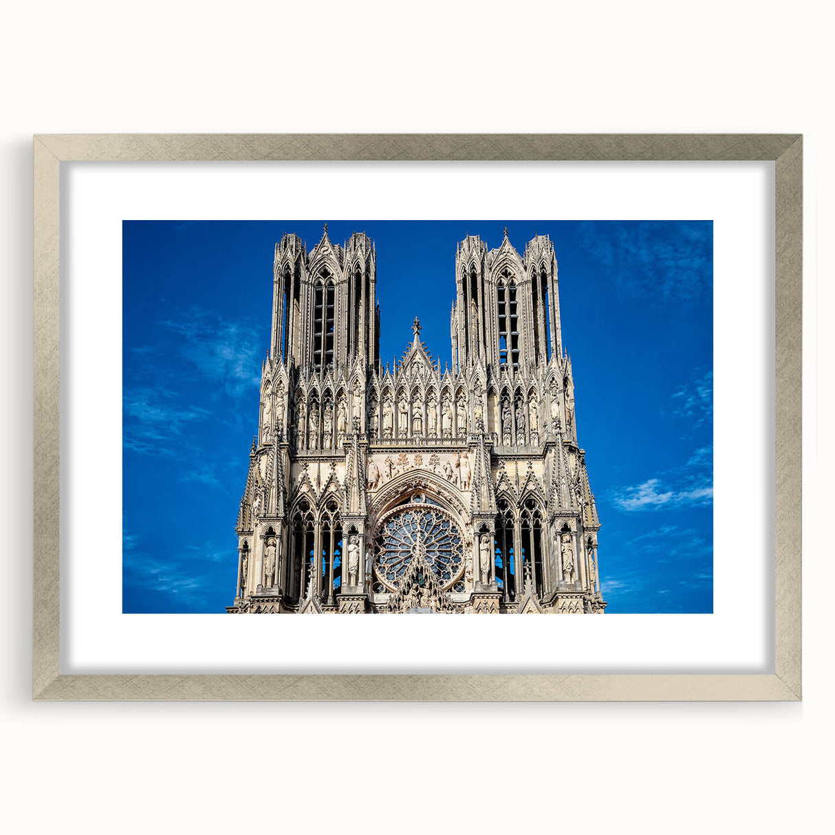 Abstract art print of a cathedral design in muted blue and gray tones on a silver-framed canvas, ideal for dining room decor.