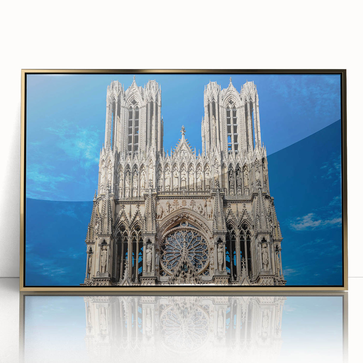 Mid-century modernist cathedral design in gold and black tones on a framed acrylic, suitable for modern art wall decor.