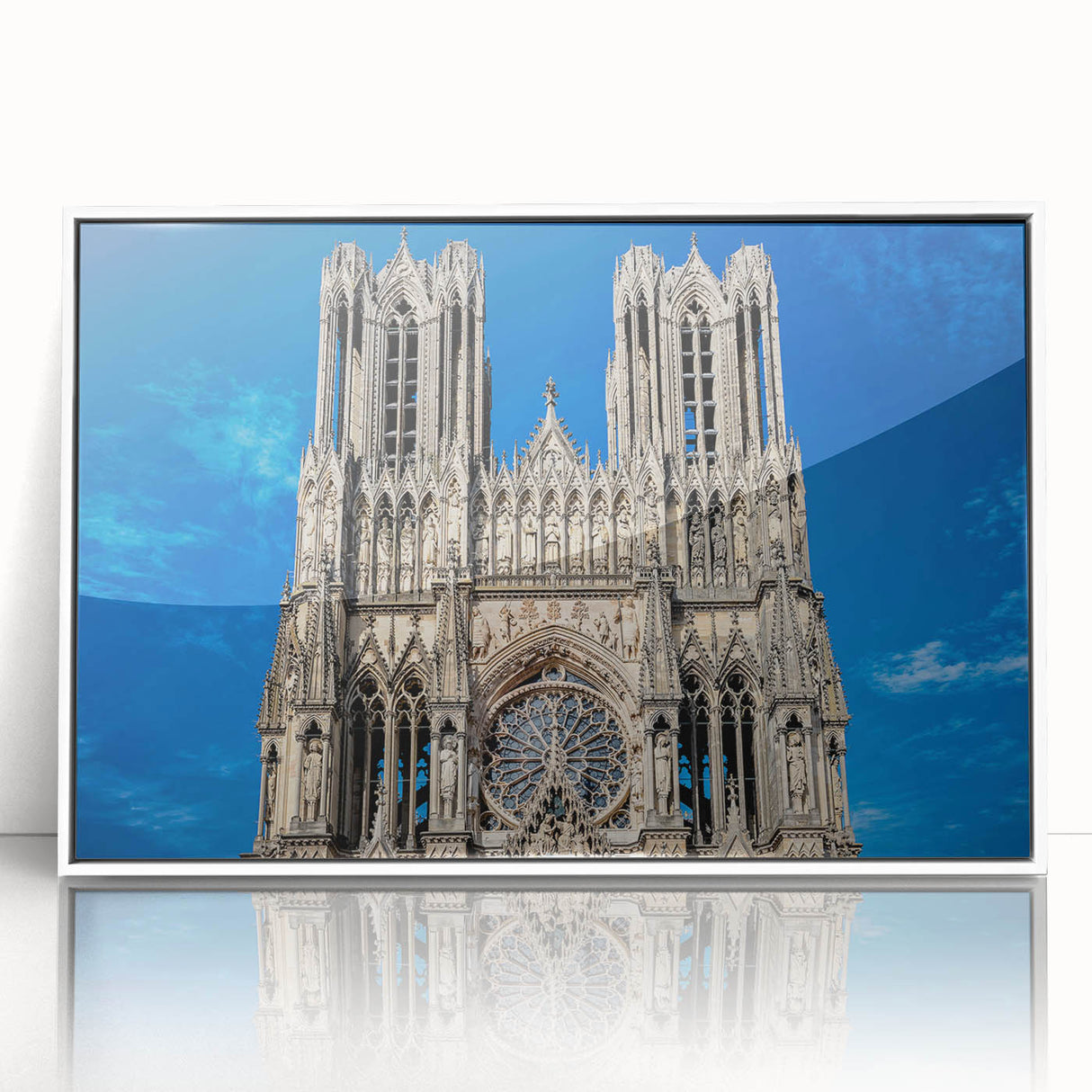 Mid-century modernist cathedral design in muted tones on a large acrylic print, suitable for modern art wall decor.