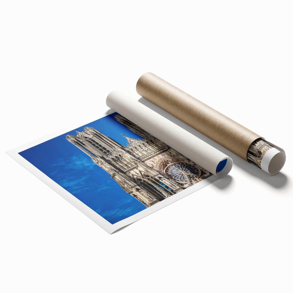 Extra large rolled print of a cathedral with intricate floral designs in muted earth tones.
