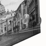 Mid-century modernist cathedral design in muted grays and blues on a large acrylic print, ideal for dining room art.