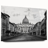 Large abstract wall art on acrylic glass depicting a cathedral, in muted gray and blue tones.