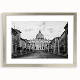 Abstract art print of a cathedral in muted gray and silver tones on a framed poster, suitable for dining room decor.