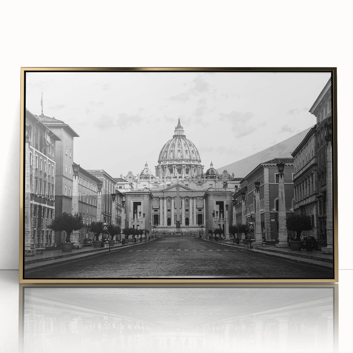 Mid-century modernist cathedral design in gold and white tones on a framed acrylic, suitable for nursery wall decor.
