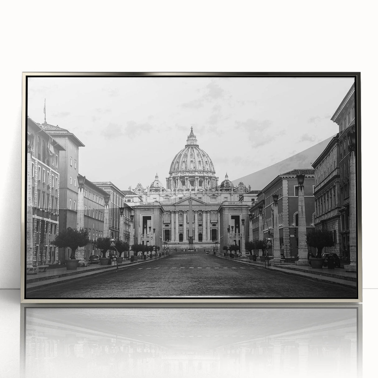 Art deco poster of a cathedral, in muted silver and gray tones, acrylic print framed, suitable for modern art wall decor.