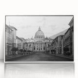 Framed acrylic print of a cathedral, in mid-century modernist style with muted gray and white tones.