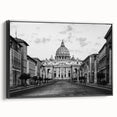 Black and white vintage poster art of a cathedral, framed canvas, ideal for bedroom wall decor.