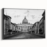 Black and white vintage poster art of a cathedral, framed canvas, ideal for bedroom wall decor.