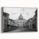 Vintage poster art of a cathedral in muted black and colorful tones on a large framed canvas, ideal for living room decor.