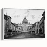 Framed canvas depicting a vintage black and white cathedral landscape, ideal for bedroom wall art.